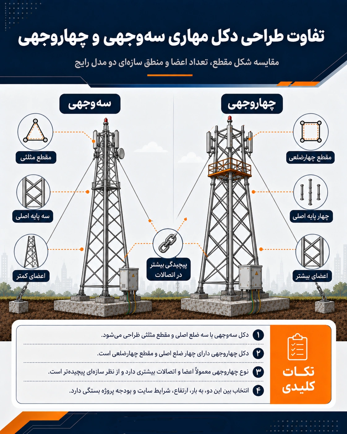 راهنمای انتخاب بین دکل مهاری سه وجهی و چهاروجهی