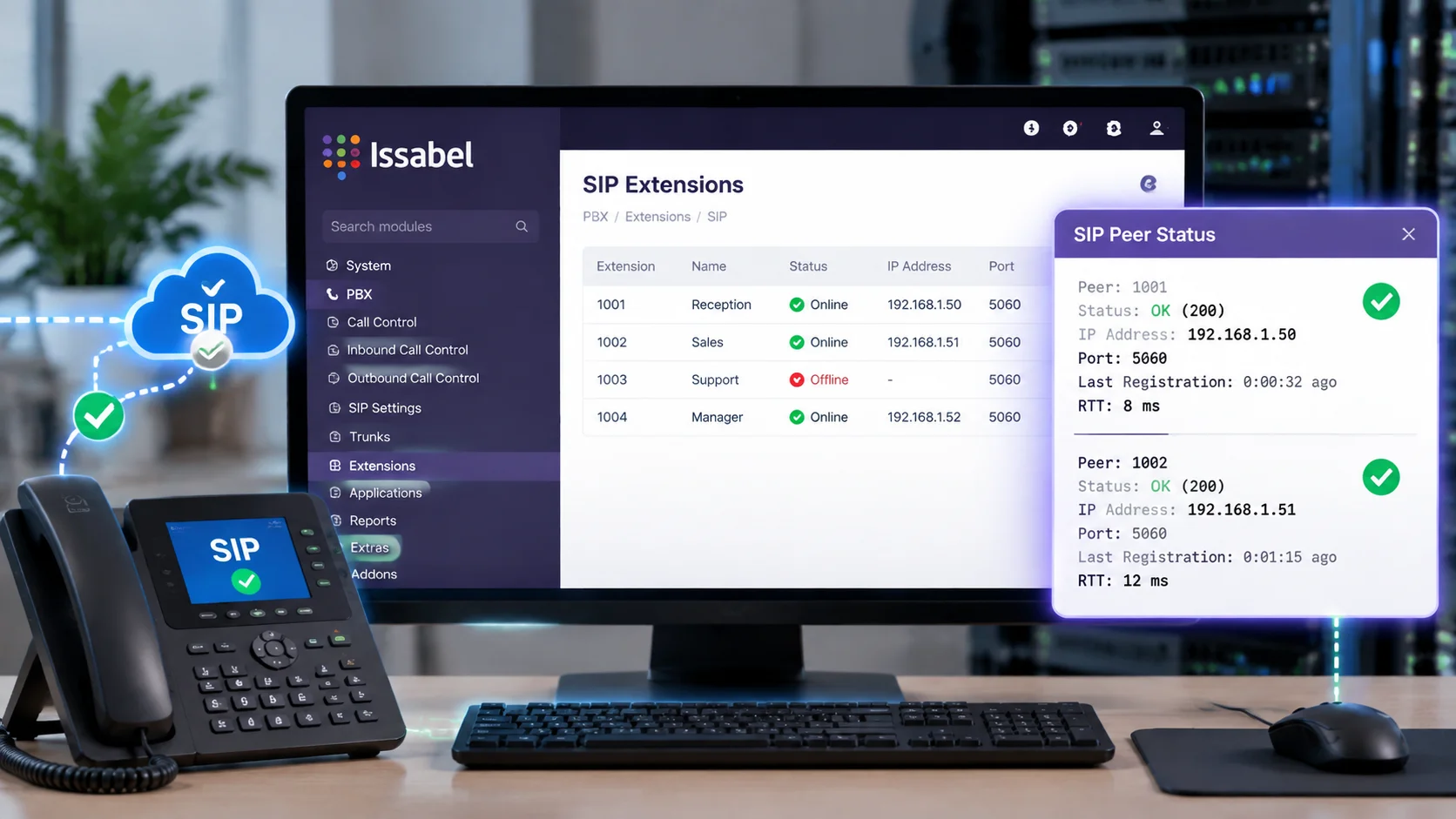بررسی وضعیت و تست SIP در ایزابل